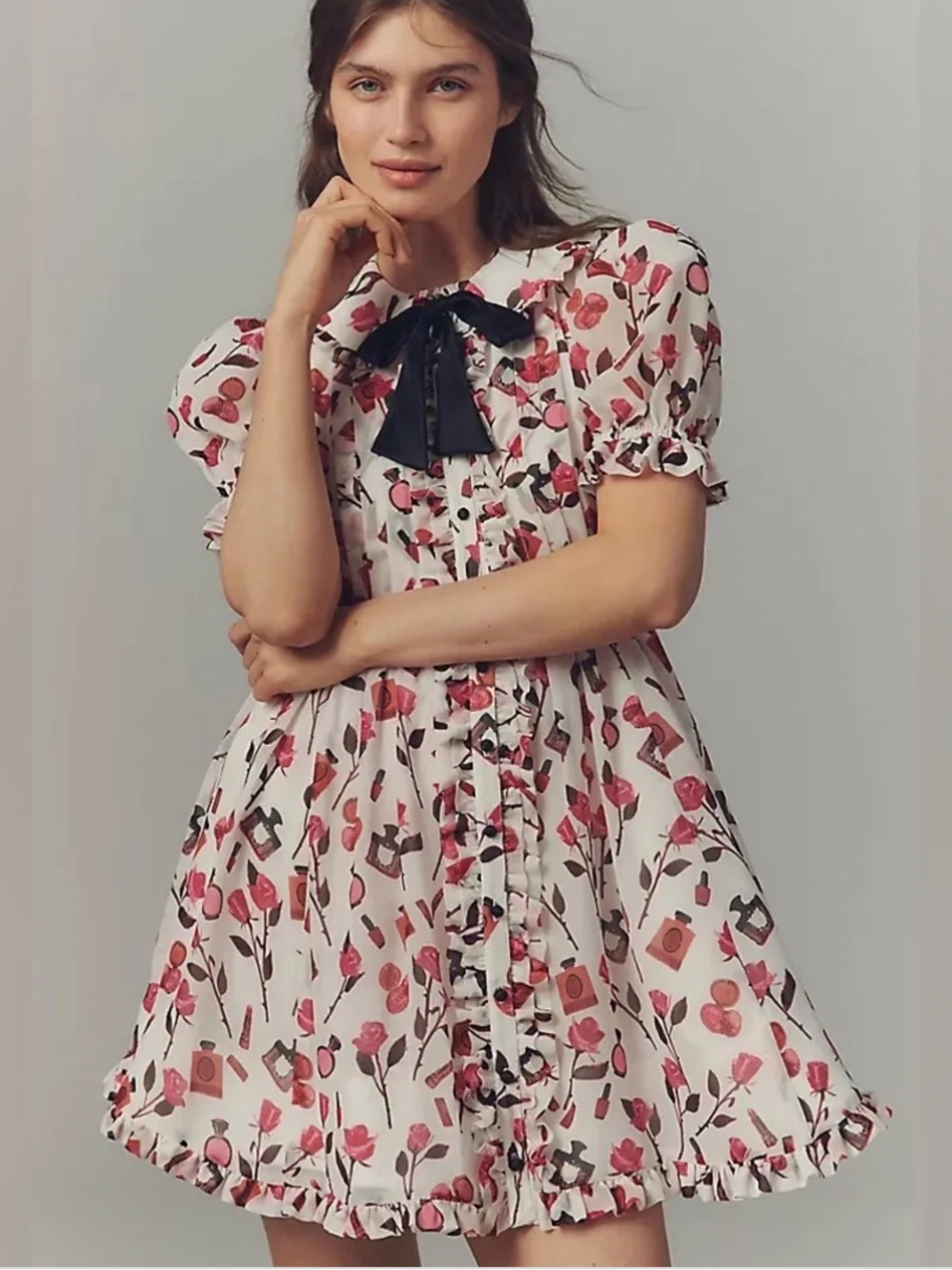 Anisa Makhiul x Maeve Puff Sleeve White Mini Dress with Pink Floral Print